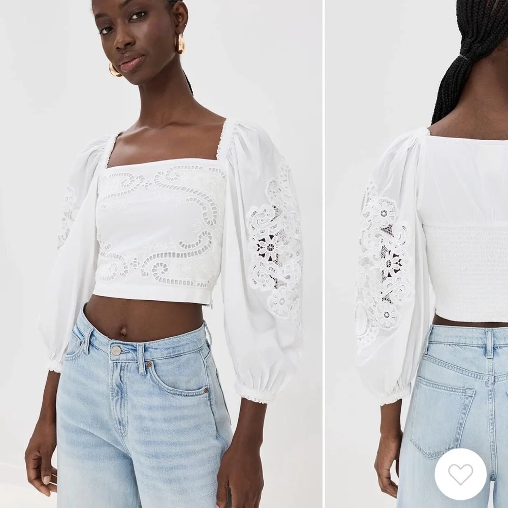 FARM Rio White Eyelet Puff-Sleeve Cropped Blouse